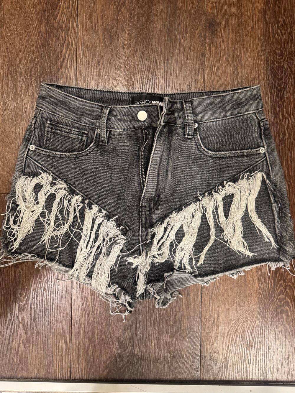 Fashion Nova Indio Fringe Ripped High Rise Denim Shorts - Black Wash
